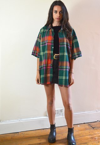 1990S VINTAGE GREEN & RED SHORT SLEEVE CHECKED SHIRT