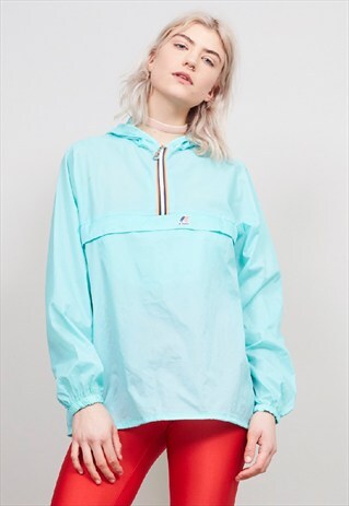 VINTAGE K-WAY HOODED AQUA BLUE PULLOVER WINDBREAKER