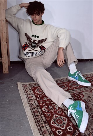 RARE VINTAGE AVIREX CREAM AND GREEN WOOL JUMPER