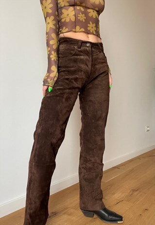 High Waist Chocolate Suede Leather Trousers