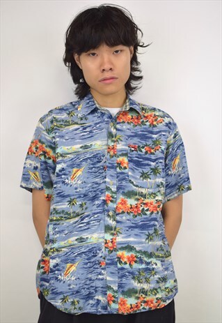 VINTAGE 90S TOMMY HILFIGER BLUE HAWAIIAN SHIRT