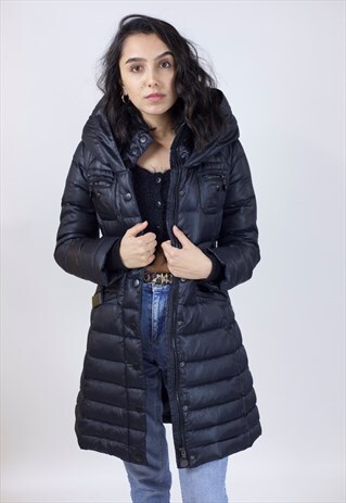 VINTAGE 90'S BLACK PADDED HOODED COAT