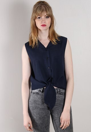 VINTAGE 90S BLUE SLEEVELESS TIE SHIRT BLOUSE TOP