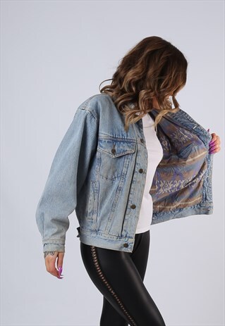 VINTAGE DENIM JACKET PATTERNED LINED UK 12 M BLUE (A3U)