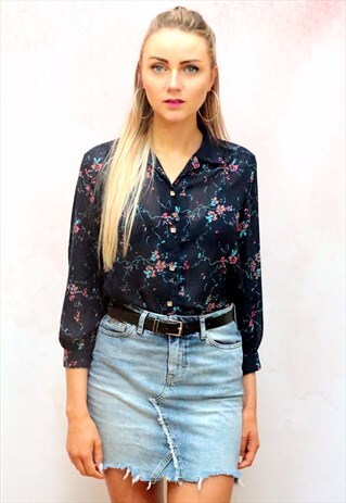 1990S VINTAGE BLUE SEMI SHEER FLORAL PRINT BLOUSE