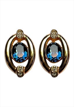 Christian Dior Earrings Gold Clip on Metal Blue Crystal