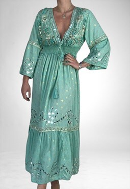 Vintage Boho Turquoise Beach Midi Summer Dress 