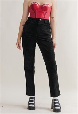 Vintage 90s High Waist Real Black Leather Front Trousers