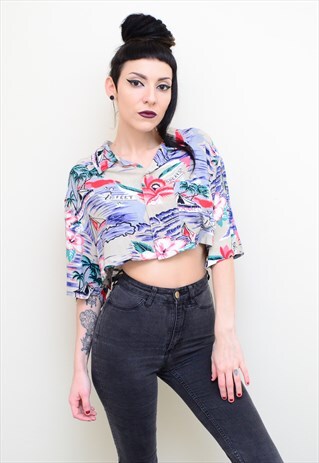 VINTAGE 90'S HAWAIIAN ABSTRACT REWORKED CROP SHIRT