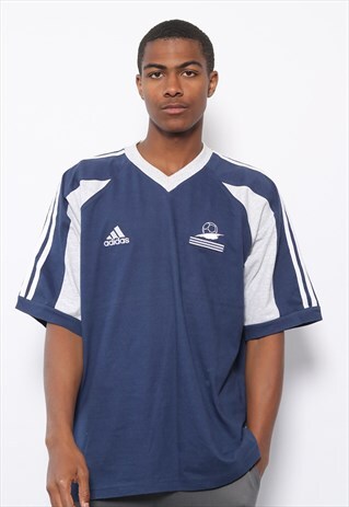 VINTAGE ADIDAS BIG LOGO FRANCE FOOTBALL T-SHIRT BLUE