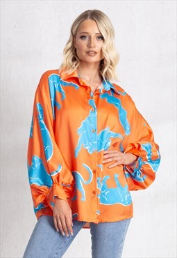orange satin printed balloon sleeve oversized shirt