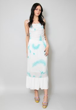 70's White Blue Feather Print Strappy Tiered Midi Dress