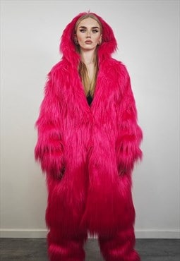 Shaggy pink coat neon fauxfur long fluorescent trench jacket