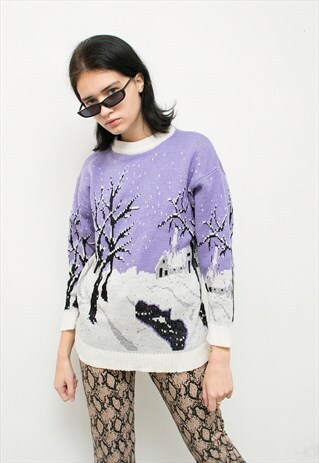 VINTAGE SWEATER HOLIDAY ILLUSTRATION CREW NECK PULLOVER 90S