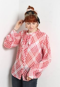 Vintage Y2K Check Striped Bow Tie Wrap Neck Top White Red