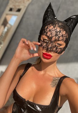 Catwoman Lace Mask with ears Black Lace cat mask with veil