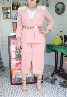 Vintage 80s Pink Monochrome Pencil Midi Jacket Shirt Dress