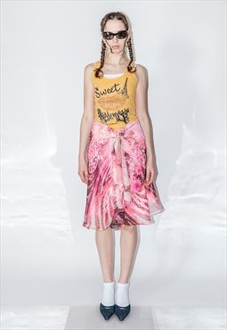 Vintage Y2K lovely abstract print flouncy midi skirt in pink