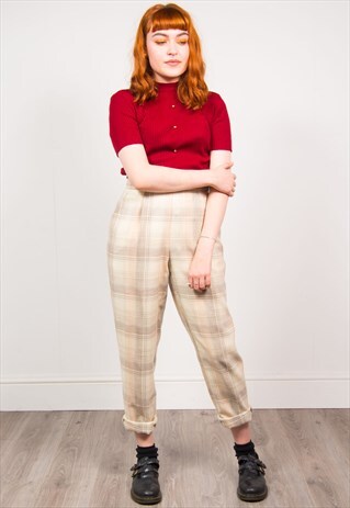 VINTAGE 90'S CREAM TARTAN CHECK HIGH WAIST TAPERED TROUSERS