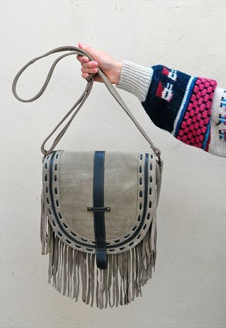 BEIGE SUEDE FRINGED TASSELED CROSSBODY BOHO SHOULDER BAG