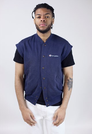 VINTAGE 90S CHAMPION NAVY BUTTON-UP SLEEVELESS SWEATSHIRT