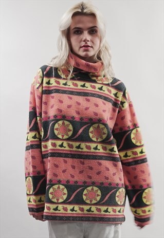 VINTAGE 80'S ROLL NECK ORANGE PATTERNED FLEECE