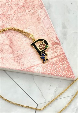 80s 'P' Initial Pendant Floral Necklace Vintage Jewellery