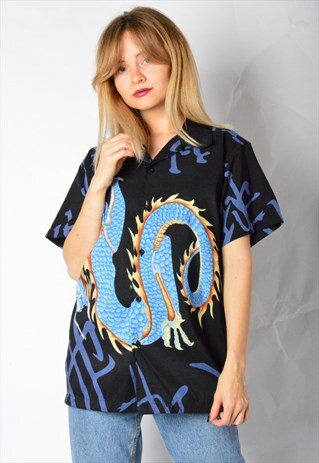 VINTAGE 90S BLACK BLUE DRAGON SHIRT