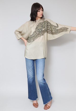 80'S VINTAGE LADIES TOP BATWING ANIMAL PRINT GREEN BLOUSE