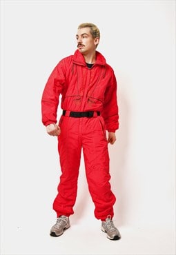 80s vintage red ski suit unisex Retro warm skiing jumpsuit