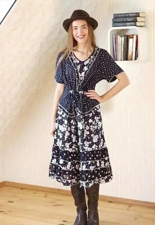 Navy floral dot short sleeve boho festival dress