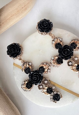 GOLD DROP DOORKNOCKER BAROQUE CROSS BLACK FLOWER EARRINGS
