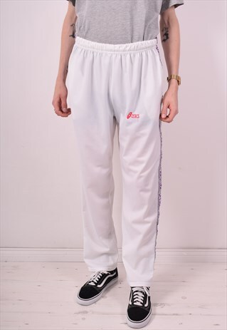 ASICS MENS VINTAGE TRACKSUIT TROUSERS MEDIUM WHITE 90S
