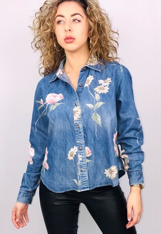 VINTAGE FLORAL PRINT DENIM SHIRT
