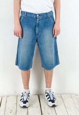 W33 Single Knee Bermuda Straight Shorts Denim Jeans Blue Zip