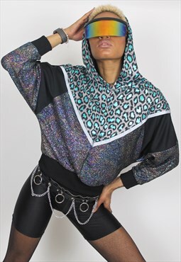 Metallic blue leopard batwing hoodie with uv panels
