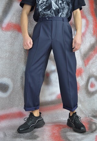 VINTAGE DARK BLUE STRAIGHT CLASSIC SUIT TROUSERS