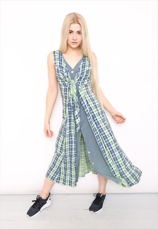 VINTAGE 90S GREEN BLUE GINGHAM CHECK MIDI DRESS