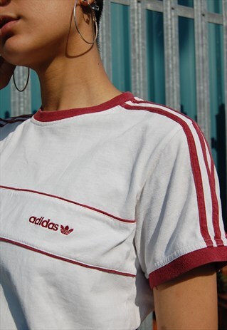 80S ADIDAS WHITE T-SHIRT WITH BURGUNDY STRIPE