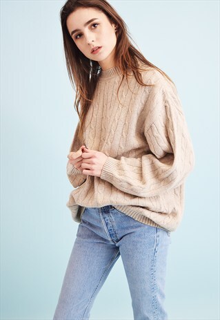 90'S RETRO ARAN STYLE NEUTRAL KNIT OVERSIZED DADS JUMPER TOP