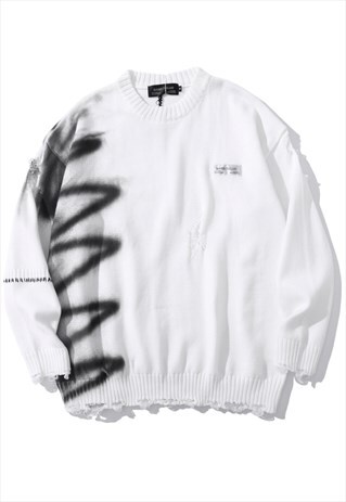 KALODIS GRAFFITI PRINT CREW NECK KNIT SWEATER WITH HOLES
