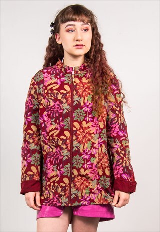VINTAGE 90'S RED FLORAL PATTERN BOMBER WINDBREAKER JACKET