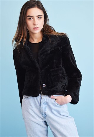 90'S RETRO FAUX FUR BLACK CROPPED JACKET