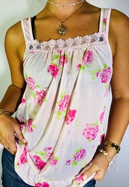 Vintage Size S Y2K Pink Floral Cami Top In Multi