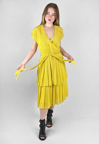 Jean Claire Vintage Yellow Black Polka Dot Tiered Midi Dress