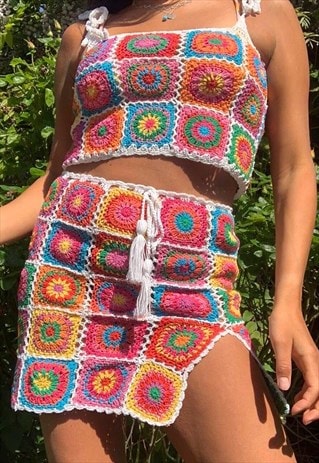 PATCHWORK GRANNY SQUARE HANDMADE CROCHET CROPPED TOP 