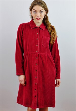 VINTAGE BERRY RED CORD SMOCK DRESS