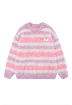 Striped sweater fluffy knitted jumper soft fleece in pink