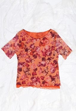 Vintage Baby Tee Y2K Mesh Flower Lettuce Hem Top in Orange