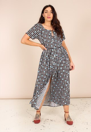 VINTAGE 90S GINGHAM PRINT MAXI DRESS WITH ROSE DETAILING